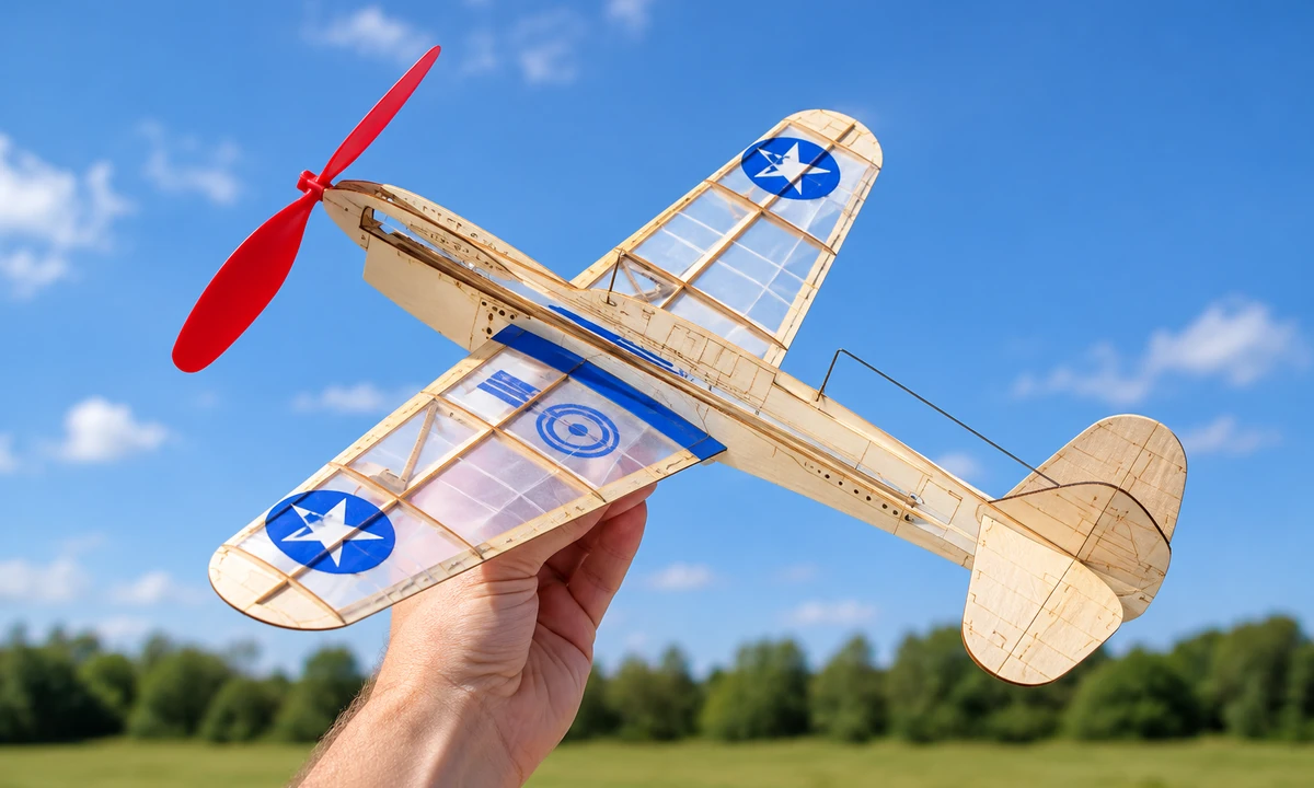 A finished wooden model airplane held outdoors