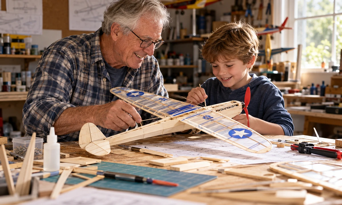 Two generations building a model airplane together