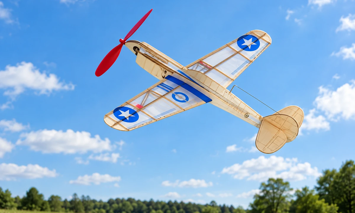 A model airplane flying above a field