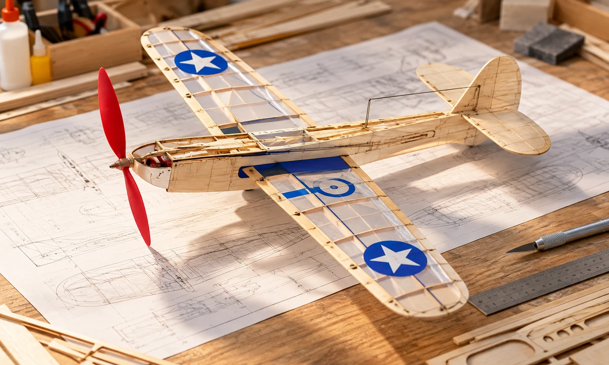 A completed model airplane on a workshop bench