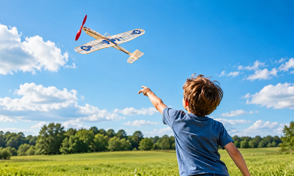 A young builder launching a model glider