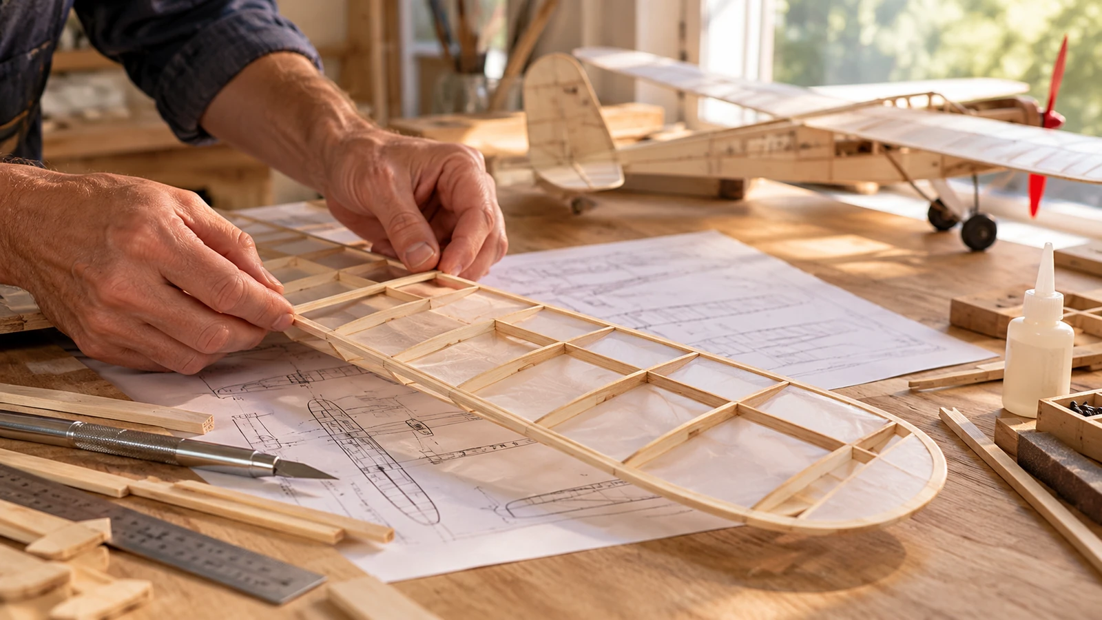 A model builder assembling a balsa wood airplane frame